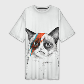 Платье-футболка 3D с принтом Grumpy cat (David Bowie) в Кировске,  |  | бодиарт | грумпи | дэвид боуи | злой кот | интернет | котей | котик | кошка | мем | мемас | мемчик. | молния на лице | рисунок на лице | сердитый