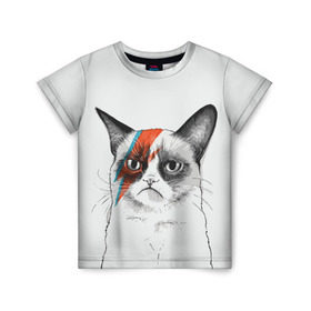 Детская футболка 3D с принтом Grumpy cat (David Bowie) в Кировске, 100% гипоаллергенный полиэфир | прямой крой, круглый вырез горловины, длина до линии бедер, чуть спущенное плечо, ткань немного тянется | бодиарт | грумпи | дэвид боуи | злой кот | интернет | котей | котик | кошка | мем | мемас | мемчик. | молния на лице | рисунок на лице | сердитый