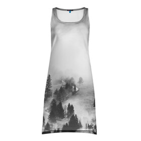 Платье-майка 3D с принтом Лес и туман в Кировске, 100% полиэстер | полуприлегающий силуэт, широкие бретели, круглый вырез горловины, удлиненный подол сзади. | black and white | лес | лес и туман | туман | чернобелый  фон | чернобелый лес