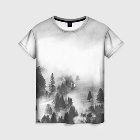 Женская футболка 3D с принтом Лес и туман в Кировске, 100% полиэфир ( синтетическое хлопкоподобное полотно) | прямой крой, круглый вырез горловины, длина до линии бедер | black and white | лес | лес и туман | туман | чернобелый  фон | чернобелый лес