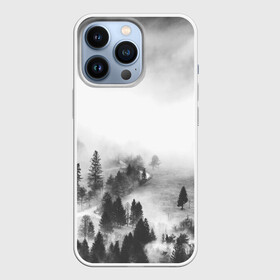 Чехол для iPhone 13 Pro с принтом Лес и туман в Кировске,  |  | Тематика изображения на принте: black and white | лес | лес и туман | туман | чернобелый  фон | чернобелый лес