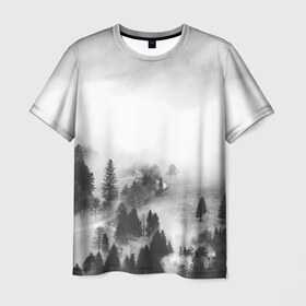 Мужская футболка 3D с принтом Лес и туман в Кировске, 100% полиэфир | прямой крой, круглый вырез горловины, длина до линии бедер | black and white | лес | лес и туман | туман | чернобелый  фон | чернобелый лес