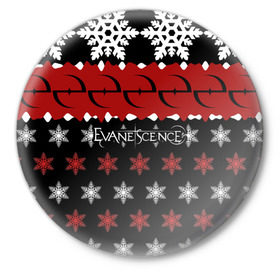 Значок с принтом Праздничный Evanescence в Кировске,  металл | круглая форма, металлическая застежка в виде булавки | evanescence | альтернативный | готик | группа | джен маджура | знак | исчезновение | красный | метал | надпись | новогодний | новый год | ню | праздник | рождество | рок | снежинки | тим маккорд