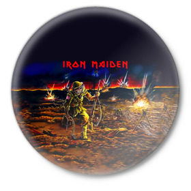 Значок с принтом Боец Iron Maiden в Кировске,  металл | круглая форма, металлическая застежка в виде булавки | iron maiden | адриан смит | айрон мейден | война | группа | дэйв мюррей | железная дева | ирон майден | метал | мрачный | музыка | песни | рок | солдат | стив харрис | тяжелый | хеви | хевиметал