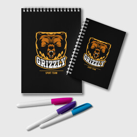 Блокнот с принтом GTIZZLY(sport team) в Кировске, 100% бумага | 48 листов, плотность листов — 60 г/м2, плотность картонной обложки — 250 г/м2. Листы скреплены удобной пружинной спиралью. Цвет линий — светло-серый
 | Тематика изображения на принте: bear | grizzly | гризли | медведь | ярость