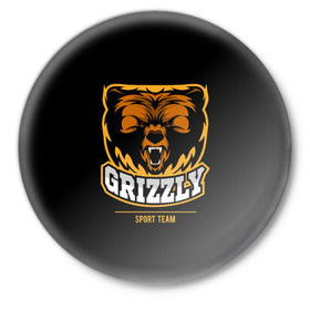 Значок с принтом GTIZZLY(sport team) в Кировске,  металл | круглая форма, металлическая застежка в виде булавки | bear | grizzly | гризли | медведь | ярость