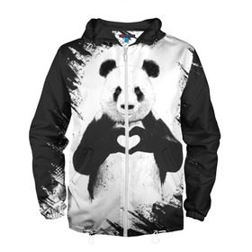 Мужская ветровка 3D с принтом Panda love в Кировске, 100% полиэстер | подол и капюшон оформлены резинкой с фиксаторами, два кармана без застежек по бокам, один потайной карман на груди | 14 февраля | love | panda | panda love | день святого валентина | любовь | панда
