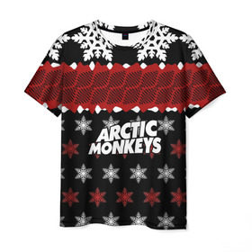 Мужская футболка 3D с принтом Праздничный Arctic Monkeys в Кировске, 100% полиэфир | прямой крой, круглый вырез горловины, длина до линии бедер | алекс тёрнер | арктик | арктические мартышки | гаражный | группа | джейми кук | знак | инди рок | красный | м | манкис | музыка | надпись | ник о мэлли | новогодний | новый год | обезьяна