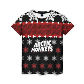 Женская футболка 3D с принтом Праздничный Arctic Monkeys в Кировске, 100% полиэфир ( синтетическое хлопкоподобное полотно) | прямой крой, круглый вырез горловины, длина до линии бедер | алекс тёрнер | арктик | арктические мартышки | гаражный | группа | джейми кук | знак | инди рок | красный | м | манкис | музыка | надпись | ник о мэлли | новогодний | новый год | обезьяна