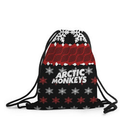 Рюкзак-мешок 3D с принтом Праздничный Arctic Monkeys в Кировске, 100% полиэстер | плотность ткани — 200 г/м2, размер — 35 х 45 см; лямки — толстые шнурки, застежка на шнуровке, без карманов и подкладки | Тематика изображения на принте: алекс тёрнер | арктик | арктические мартышки | гаражный | группа | джейми кук | знак | инди рок | красный | м | манкис | музыка | надпись | ник о мэлли | новогодний | новый год | обезьяна