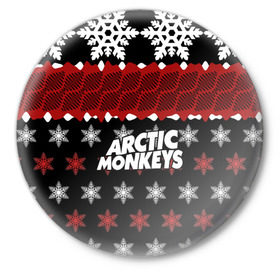 Значок с принтом Праздничный Arctic Monkeys в Кировске,  металл | круглая форма, металлическая застежка в виде булавки | алекс тёрнер | арктик | арктические мартышки | гаражный | группа | джейми кук | знак | инди рок | красный | м | манкис | музыка | надпись | ник о мэлли | новогодний | новый год | обезьяна