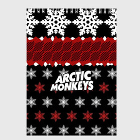 Скетчбук с принтом Праздничный Arctic Monkeys в Кировске, 100% бумага
 | 48 листов, плотность листов — 100 г/м2, плотность картонной обложки — 250 г/м2. Листы скреплены сверху удобной пружинной спиралью | алекс тёрнер | арктик | арктические мартышки | гаражный | группа | джейми кук | знак | инди рок | красный | м | манкис | музыка | надпись | ник о мэлли | новогодний | новый год | обезьяна