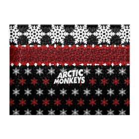Обложка для студенческого билета с принтом Праздничный Arctic Monkeys в Кировске, натуральная кожа | Размер: 11*8 см; Печать на всей внешней стороне | алекс тёрнер | арктик | арктические мартышки | гаражный | группа | джейми кук | знак | инди рок | красный | м | манкис | музыка | надпись | ник о мэлли | новогодний | новый год | обезьяна