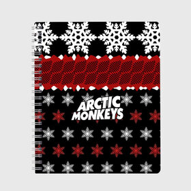 Тетрадь с принтом Праздничный Arctic Monkeys в Кировске, 100% бумага | 48 листов, плотность листов — 60 г/м2, плотность картонной обложки — 250 г/м2. Листы скреплены сбоку удобной пружинной спиралью. Уголки страниц и обложки скругленные. Цвет линий — светло-серый
 | Тематика изображения на принте: алекс тёрнер | арктик | арктические мартышки | гаражный | группа | джейми кук | знак | инди рок | красный | м | манкис | музыка | надпись | ник о мэлли | новогодний | новый год | обезьяна