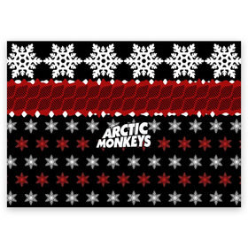 Поздравительная открытка с принтом Праздничный Arctic Monkeys в Кировске, 100% бумага | плотность бумаги 280 г/м2, матовая, на обратной стороне линовка и место для марки
 | алекс тёрнер | арктик | арктические мартышки | гаражный | группа | джейми кук | знак | инди рок | красный | м | манкис | музыка | надпись | ник о мэлли | новогодний | новый год | обезьяна