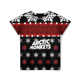 Детская футболка 3D с принтом Праздничный Arctic Monkeys в Кировске, 100% гипоаллергенный полиэфир | прямой крой, круглый вырез горловины, длина до линии бедер, чуть спущенное плечо, ткань немного тянется | Тематика изображения на принте: алекс тёрнер | арктик | арктические мартышки | гаражный | группа | джейми кук | знак | инди рок | красный | м | манкис | музыка | надпись | ник о мэлли | новогодний | новый год | обезьяна