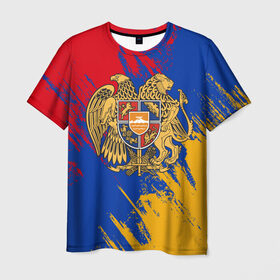 Мужская футболка 3D с принтом Герб и флаг Армении в Кировске, 100% полиэфир | прямой крой, круглый вырез горловины, длина до линии бедер | армения | герб армении | герб и флаг армении | флаг армении