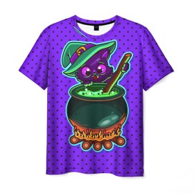 Мужская футболка 3D с принтом Кошка-ведьмочка в Кировске, 100% полиэфир | прямой крой, круглый вырез горловины, длина до линии бедер | halloween | helloween | ведунья | ведьма | зелье | кот | котел | котик | кошка | магия | хеллоуин | хэллоуин
