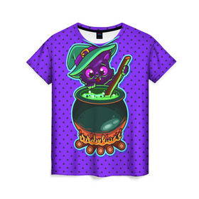 Женская футболка 3D с принтом Кошка-ведьмочка в Кировске, 100% полиэфир ( синтетическое хлопкоподобное полотно) | прямой крой, круглый вырез горловины, длина до линии бедер | halloween | helloween | ведунья | ведьма | зелье | кот | котел | котик | кошка | магия | хеллоуин | хэллоуин