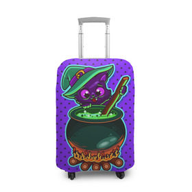 Чехол для чемодана 3D с принтом Кошка-ведьмочка в Кировске, 86% полиэфир, 14% спандекс | двустороннее нанесение принта, прорези для ручек и колес | halloween | helloween | ведунья | ведьма | зелье | кот | котел | котик | кошка | магия | хеллоуин | хэллоуин