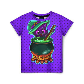 Детская футболка 3D с принтом Кошка-ведьмочка в Кировске, 100% гипоаллергенный полиэфир | прямой крой, круглый вырез горловины, длина до линии бедер, чуть спущенное плечо, ткань немного тянется | halloween | helloween | ведунья | ведьма | зелье | кот | котел | котик | кошка | магия | хеллоуин | хэллоуин