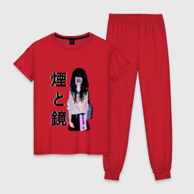 Женская пижама хлопок с принтом MIRRORS Sad Japanese Aesthetic в Кировске, 100% хлопок | брюки и футболка прямого кроя, без карманов, на брюках мягкая резинка на поясе и по низу штанин | 