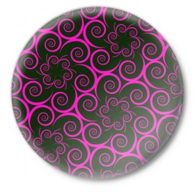 Значок с принтом Розовые цветы в Кировске,  металл | круглая форма, металлическая застежка в виде булавки | pink | кружева | лепестки | розовый | спираль | узор | фрактал | цветки | цветок | цветы