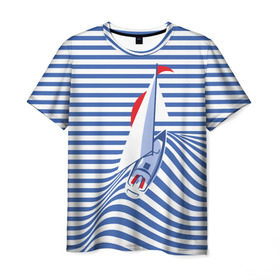 Мужская футболка 3D с принтом Яхта в Кировске, 100% полиэфир | прямой крой, круглый вырез горловины, длина до линии бедер | flag | joke | prank | sail | sea | stripes | water | waves | yacht vest | вода | волны | море | парус | полосы | прикол | тельняшка | флаг | шутка | яхта