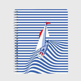 Тетрадь с принтом Яхта в Кировске, 100% бумага | 48 листов, плотность листов — 60 г/м2, плотность картонной обложки — 250 г/м2. Листы скреплены сбоку удобной пружинной спиралью. Уголки страниц и обложки скругленные. Цвет линий — светло-серый
 | flag | joke | prank | sail | sea | stripes | water | waves | yacht vest | вода | волны | море | парус | полосы | прикол | тельняшка | флаг | шутка | яхта