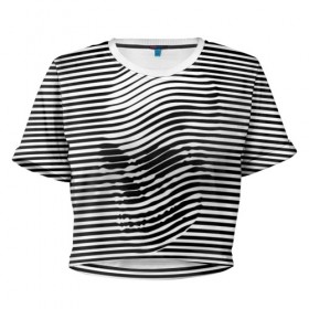 Женская футболка 3D укороченная с принтом Череп в Кировске, 100% полиэстер | круглая горловина, длина футболки до линии талии, рукава с отворотами | art | optical | skull | stripes | vest | искусство | оптическое | полосы | тельняшка | череп