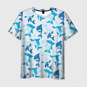 Мужская футболка 3D с принтом Акулы в Кировске, 100% полиэфир | прямой крой, круглый вырез горловины, длина до линии бедер | shark | акула | вода | море | океан | пузыри | рыба | рыбалка