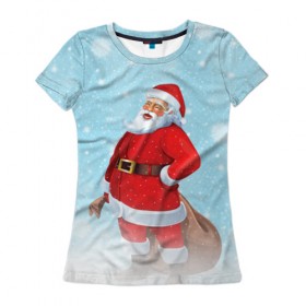 Женская футболка 3D с принтом Веселый Санта в Кировске, 100% полиэфир ( синтетическое хлопкоподобное полотно) | прямой крой, круглый вырез горловины, длина до линии бедер | 