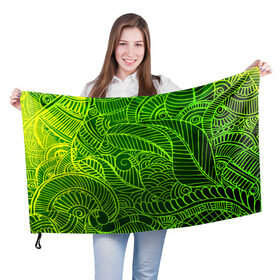 Флаг 3D с принтом зеленые узоры в Кировске, 100% полиэстер | плотность ткани — 95 г/м2, размер — 67 х 109 см. Принт наносится с одной стороны | green | абстракция | арт | восток | геометрия | зелень | индия | орнамент | роспись | узоры | цветы