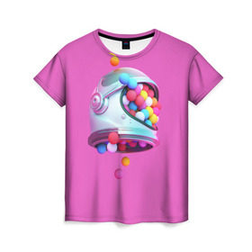 Женская футболка 3D с принтом Colorful balls в Кировске, 100% полиэфир ( синтетическое хлопкоподобное полотно) | прямой крой, круглый вырез горловины, длина до линии бедер | balls | colorful | helmet | pink | колорит | космонавт | космос | розовый | скафандр | цвет | шарики | шары | шлем