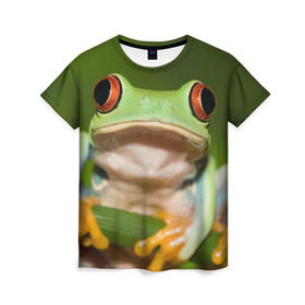 Женская футболка 3D с принтом Лягушка в Кировске, 100% полиэфир ( синтетическое хлопкоподобное полотно) | прямой крой, круглый вырез горловины, длина до линии бедер | frog | жаба | животные | зеленый | ква | лягуха | лягушка | лягушонок