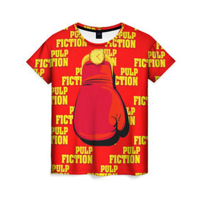 Женская футболка 3D с принтом Криминальное чтиво в Кировске, 100% полиэфир ( синтетическое хлопкоподобное полотно) | прямой крой, круглый вырез горловины, длина до линии бедер | pulp fiction | бокс | золотые часы | перчатка