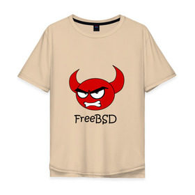 Мужская футболка хлопок Oversize с принтом FreeBSD демон в Кировске, 100% хлопок | свободный крой, круглый ворот, “спинка” длиннее передней части | Тематика изображения на принте: bsd | demon | freebsd | os | unix | демон | злой | ос | чёртик