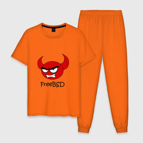 Мужская пижама хлопок с принтом FreeBSD демон в Кировске, 100% хлопок | брюки и футболка прямого кроя, без карманов, на брюках мягкая резинка на поясе и по низу штанин
 | Тематика изображения на принте: bsd | demon | freebsd | os | unix | демон | злой | ос | чёртик