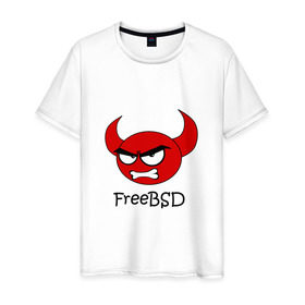 Мужская футболка хлопок с принтом FreeBSD демон в Кировске, 100% хлопок | прямой крой, круглый вырез горловины, длина до линии бедер, слегка спущенное плечо. | Тематика изображения на принте: bsd | demon | freebsd | os | unix | демон | злой | ос | чёртик