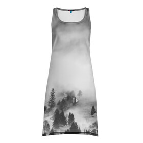 Платье-майка 3D с принтом Туманный лес в Кировске, 100% полиэстер | полуприлегающий силуэт, широкие бретели, круглый вырез горловины, удлиненный подол сзади. | бор | деревья | дым | елки | лес | природа | туман | чб | черно белое