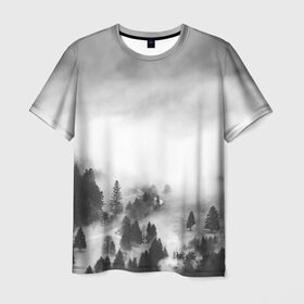 Мужская футболка 3D с принтом Туманный лес в Кировске, 100% полиэфир | прямой крой, круглый вырез горловины, длина до линии бедер | Тематика изображения на принте: бор | деревья | дым | елки | лес | природа | туман | чб | черно белое
