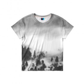 Детская футболка 3D с принтом Туманный лес в Кировске, 100% гипоаллергенный полиэфир | прямой крой, круглый вырез горловины, длина до линии бедер, чуть спущенное плечо, ткань немного тянется | бор | деревья | дым | елки | лес | природа | туман | чб | черно белое