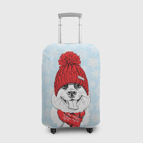 Чехол для чемодана 3D с принтом Собачка в шапочке в Кировске, 86% полиэфир, 14% спандекс | двустороннее нанесение принта, прорези для ручек и колес | зима | новый год | подарок | рождество | собака