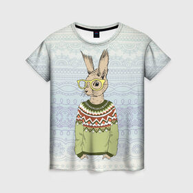 Женская футболка 3D с принтом Кролик хипстер в Кировске, 100% полиэфир ( синтетическое хлопкоподобное полотно) | прямой крой, круглый вырез горловины, длина до линии бедер | зима | кролик | новый год | подарок | рождество