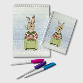 Блокнот с принтом Кролик хипстер в Кировске, 100% бумага | 48 листов, плотность листов — 60 г/м2, плотность картонной обложки — 250 г/м2. Листы скреплены удобной пружинной спиралью. Цвет линий — светло-серый
 | Тематика изображения на принте: зима | кролик | новый год | подарок | рождество