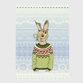 Скетчбук с принтом Кролик хипстер в Кировске, 100% бумага
 | 48 листов, плотность листов — 100 г/м2, плотность картонной обложки — 250 г/м2. Листы скреплены сверху удобной пружинной спиралью | зима | кролик | новый год | подарок | рождество