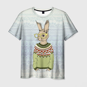 Мужская футболка 3D с принтом Кролик хипстер в Кировске, 100% полиэфир | прямой крой, круглый вырез горловины, длина до линии бедер | Тематика изображения на принте: зима | кролик | новый год | подарок | рождество