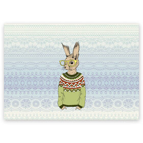 Поздравительная открытка с принтом Кролик хипстер в Кировске, 100% бумага | плотность бумаги 280 г/м2, матовая, на обратной стороне линовка и место для марки
 | Тематика изображения на принте: зима | кролик | новый год | подарок | рождество