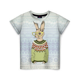 Детская футболка 3D с принтом Кролик хипстер в Кировске, 100% гипоаллергенный полиэфир | прямой крой, круглый вырез горловины, длина до линии бедер, чуть спущенное плечо, ткань немного тянется | зима | кролик | новый год | подарок | рождество