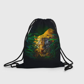 Рюкзак-мешок 3D с принтом Тигр в джунглях в Кировске, 100% полиэстер | плотность ткани — 200 г/м2, размер — 35 х 45 см; лямки — толстые шнурки, застежка на шнуровке, без карманов и подкладки | 